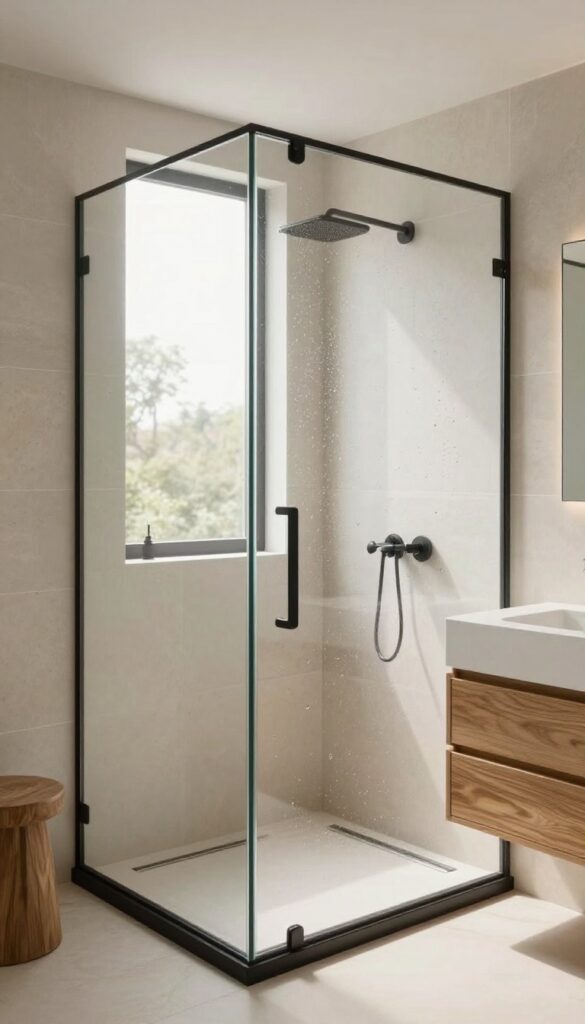 A modern bathroom featuring a frameless glass shower panel with matte black fixtures, natural stone tiles, and warm wood accents under bright natural light.