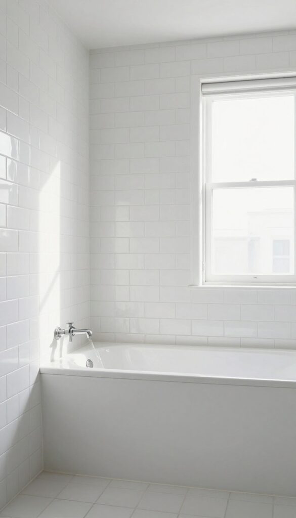 A bathroom with a bath and shower combo surrounded by full-height white tile from floor to ceiling, showcasing a clean and polished design in natural light.