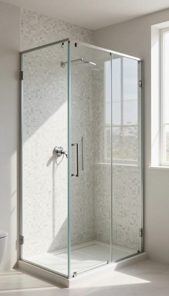 Glass mosaic tiles in a shower catching light to create a sparkling effect in a polished bathroom.