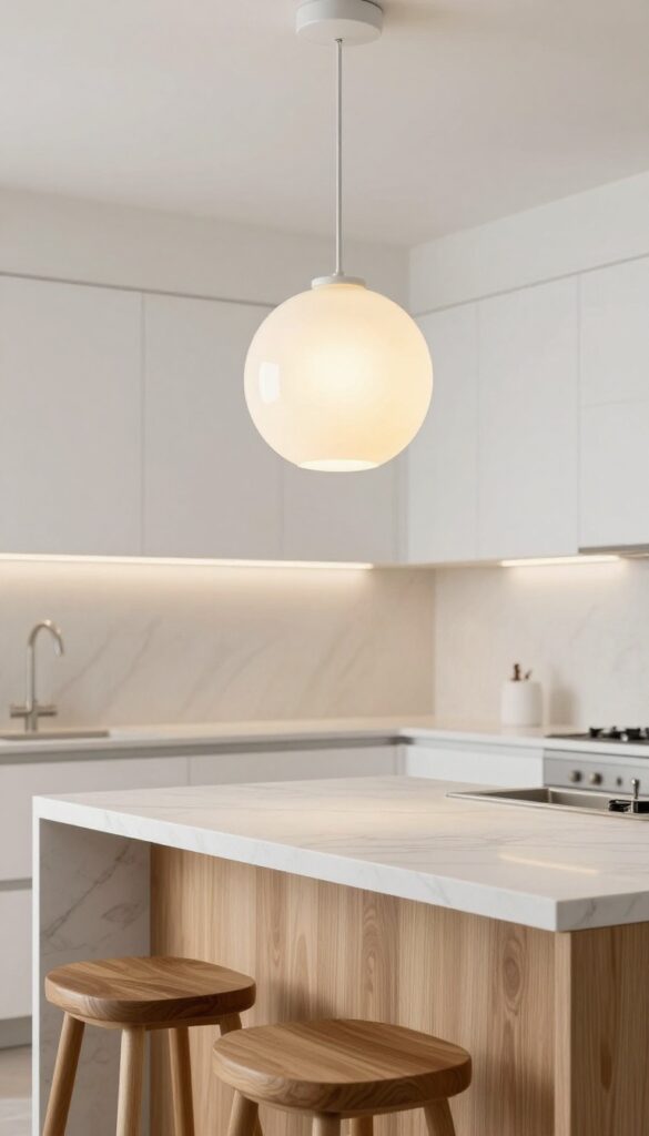 Single oversized globe pendant over kitchen island
