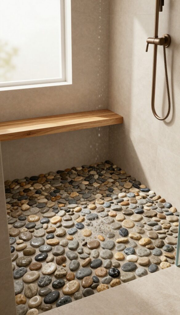 Close-up of a pebble shower floor with smooth river stones in earthy tones, matte bronze rainfall showerhead, and teak bench in a bright modern bathroom.