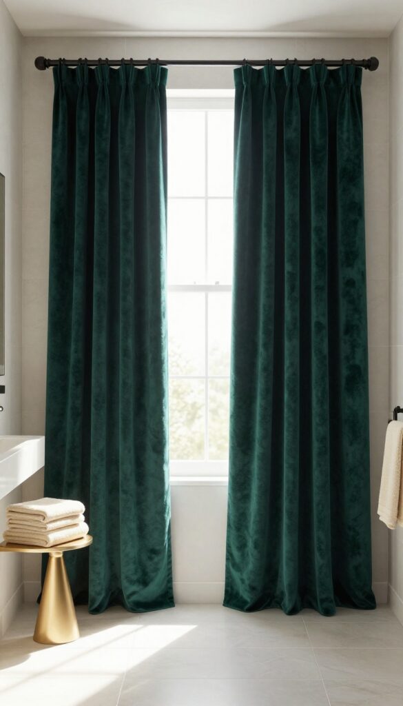 A floor-length velvet shower curtain in a rich color, elegantly draped in a bright, luxurious bathroom with neutral decor and plush towels.