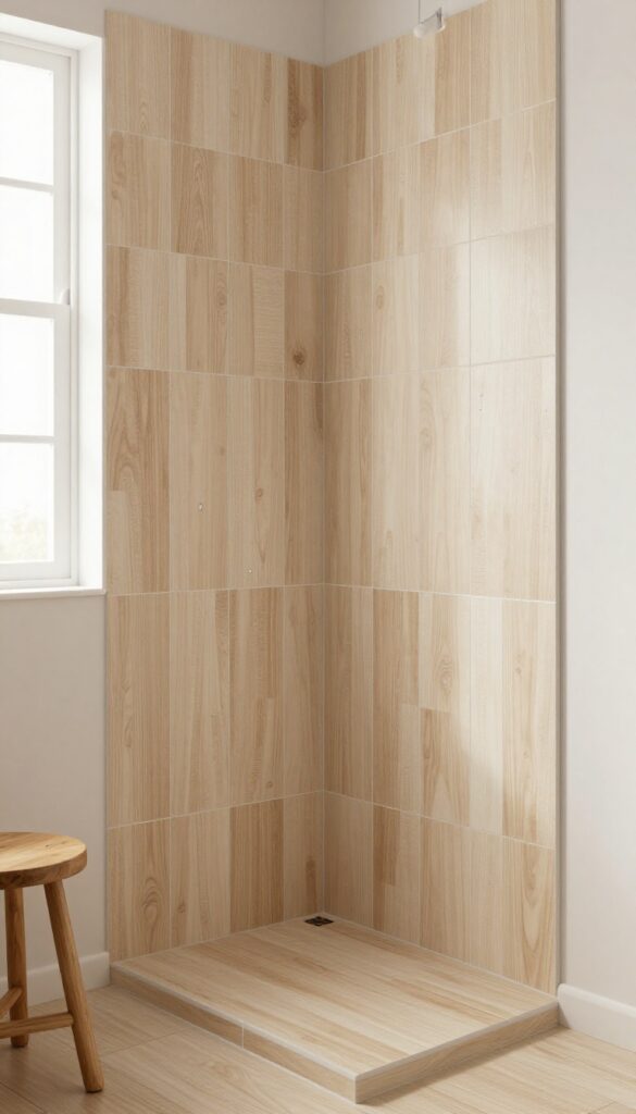 Bathroom shower with wood-look porcelain tiles in plank layout, offering a warm and rustic feel with natural light and wooden accents.