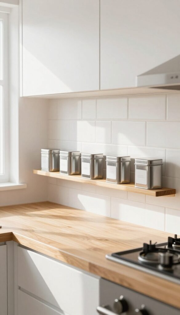 Magnetic spice strip mounted on kitchen backsplash holding labeled metal tins