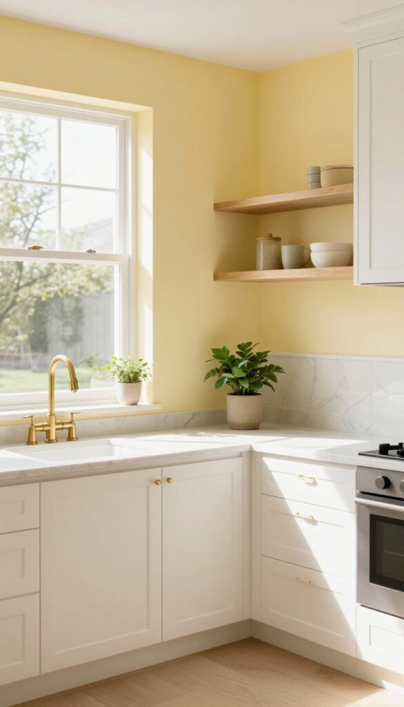 Bright kitchen with creamy butter yellow walls, white cabinets, wood shelves, and sunlight on countertop