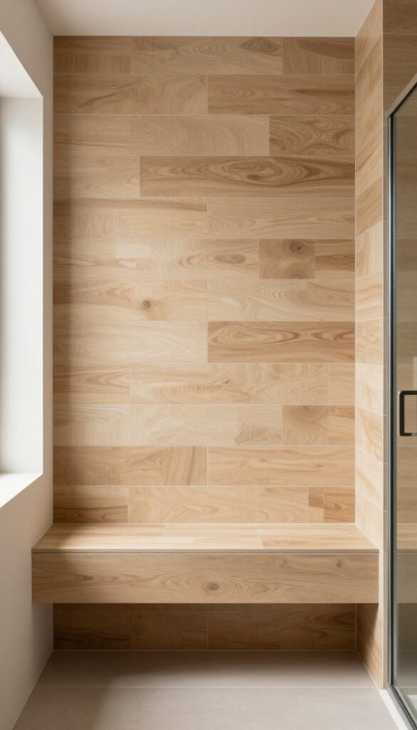Horizontal wood tile shower with floating bench and clear glass door in bright natural light