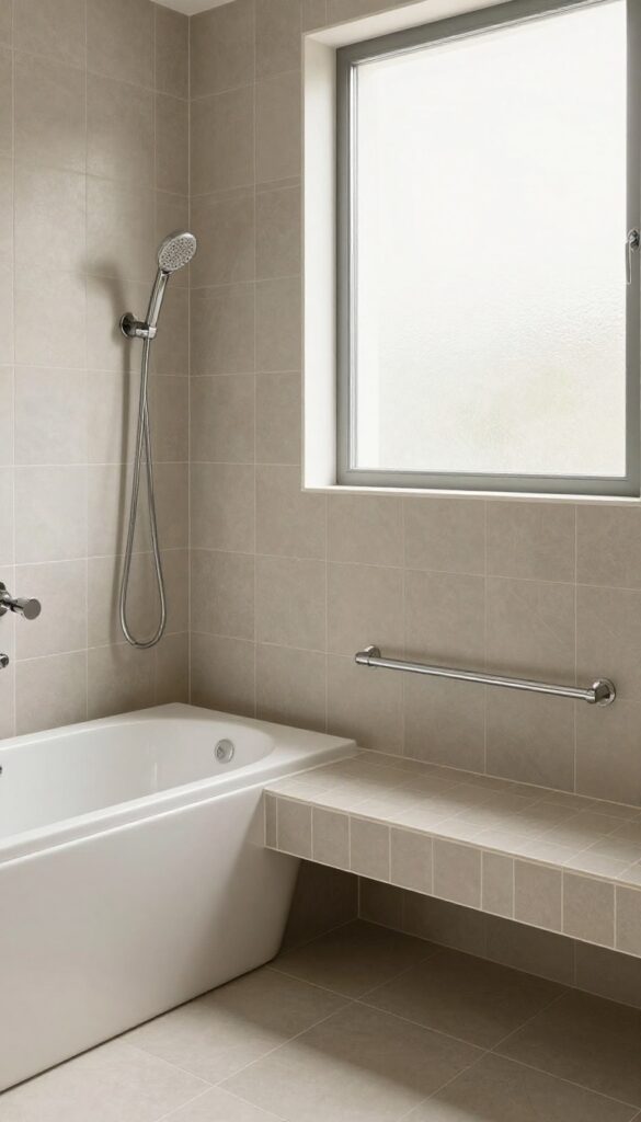 Corner bathtub and shower combo with built-in tiled bench in a bright, neutral bathroom