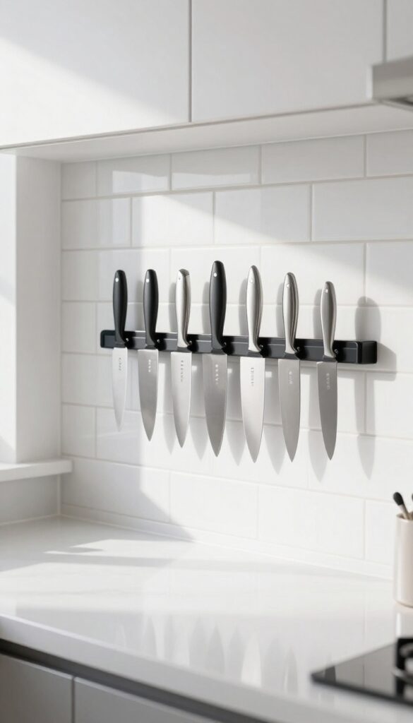 Magnetic knife strip on kitchen backsplash holding knives