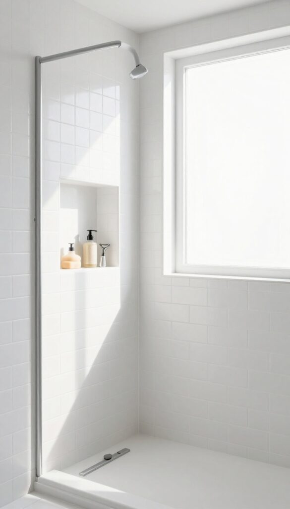 A modern bathroom shower with built-in niches for smart storage, featuring tidy essentials in bright natural light.