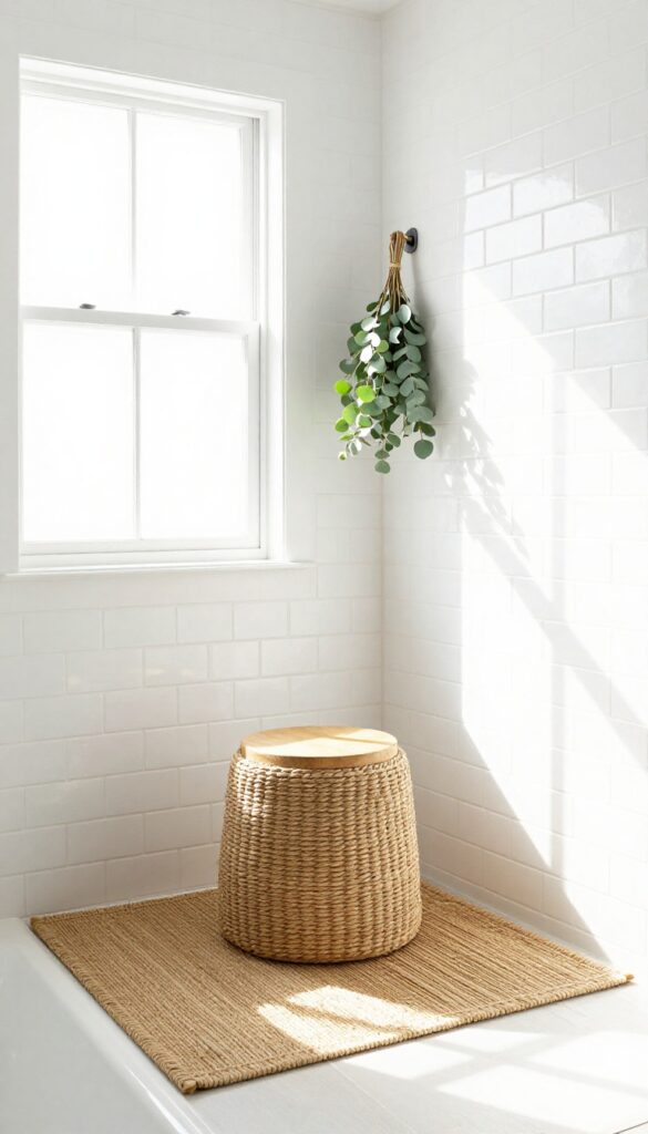 A woven rope stool in a bright bathroom shower with teak mat and eucalyptus