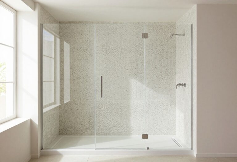 Modern walk-in shower with textured mosaic tiles and frameless glass in a neutral-toned, clutter-free bathroom.