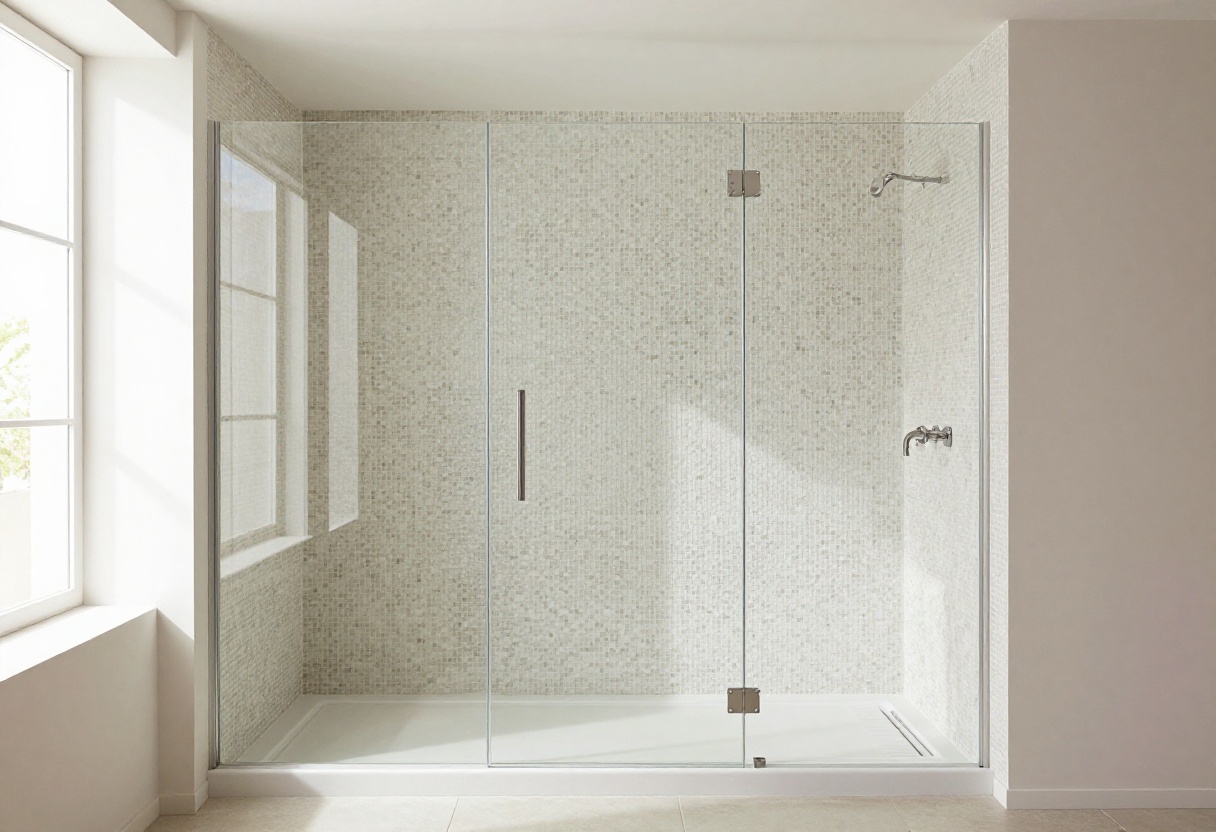 Modern walk-in shower with textured mosaic tiles and frameless glass in a neutral-toned, clutter-free bathroom.