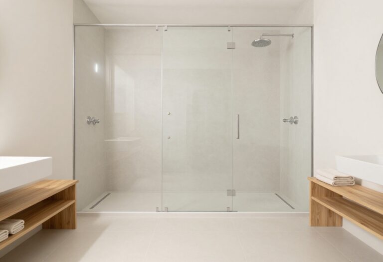 Modern bathroom with zero-entry shower showcasing seamless tile flooring and bright natural lighting