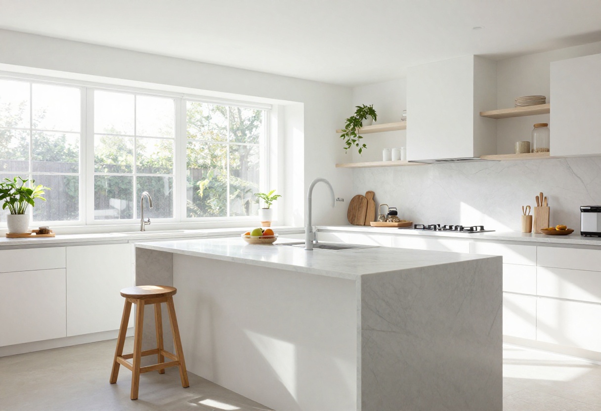 Bright kitchen with polished white marble island slab and soft gray veining