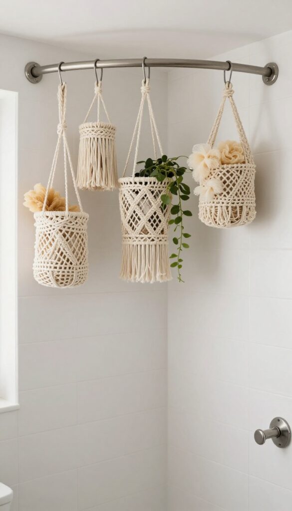 Macramé hanging baskets in a bathroom shower area, storing sponges and loofahs with natural accents like a trailing plant, showcasing boho charm and practical storage in bright light.
