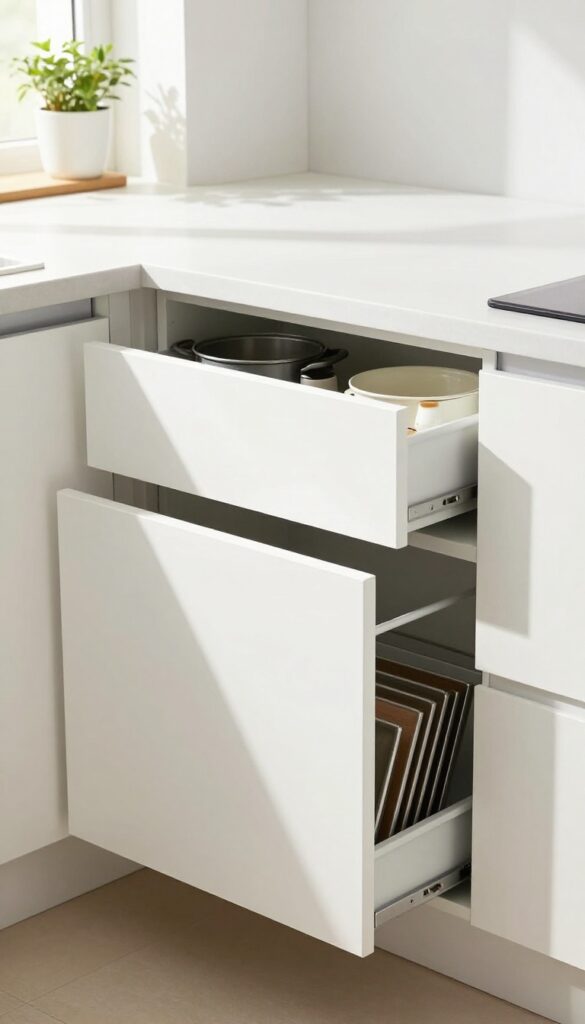 Modern kitchen with deep pull-out drawers replacing lower cabinets, showing organized pots and pans.