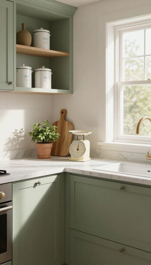 Vintage scale and ceramic canisters on a kitchen counter in a light-filled, sage green kitchen.