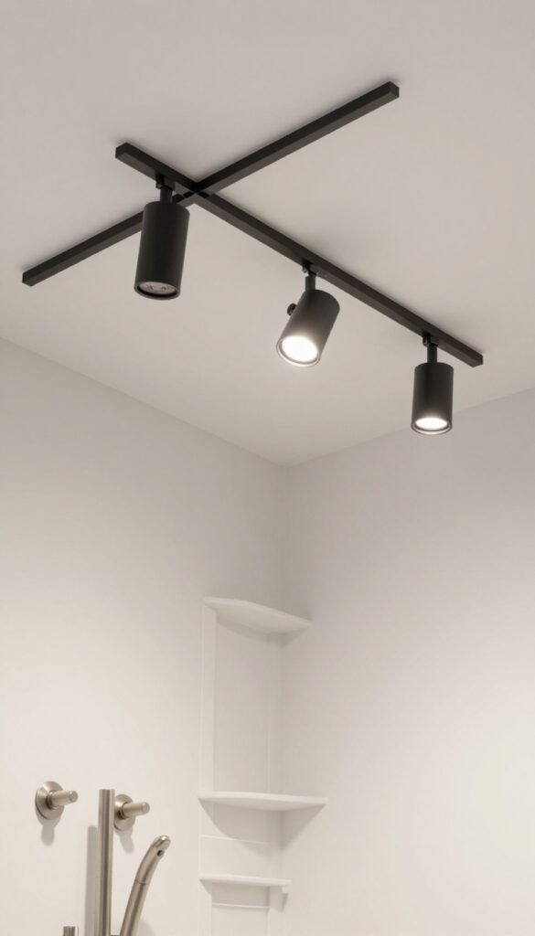 Modern bathroom shower ceiling with track lighting highlighting a tile niche and shelves in bright natural light.