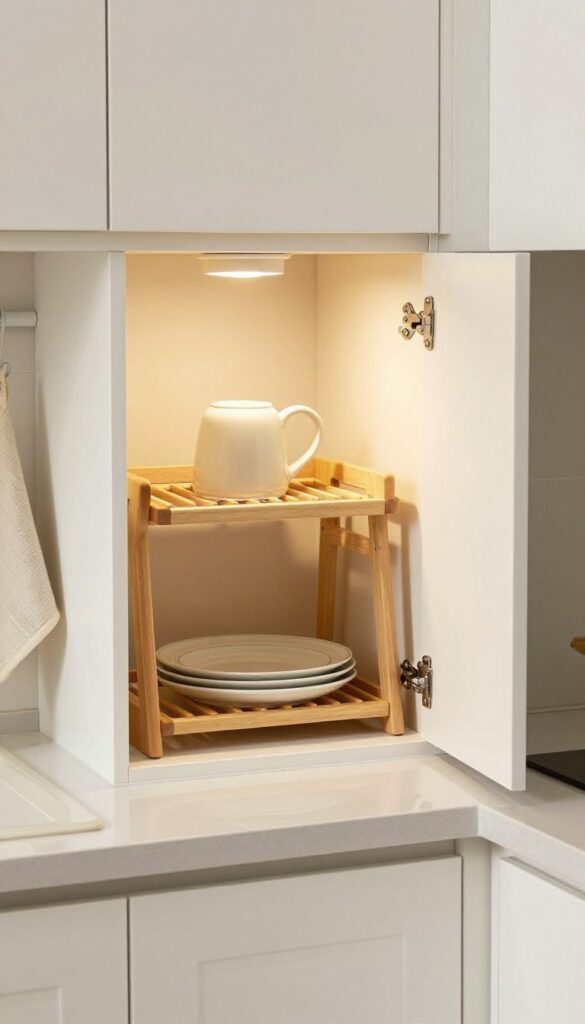 Cabinet-front drying rack inside open cabinet door above sink with ceramic mug and plate, warm pendant lighting, clean kitchen counter