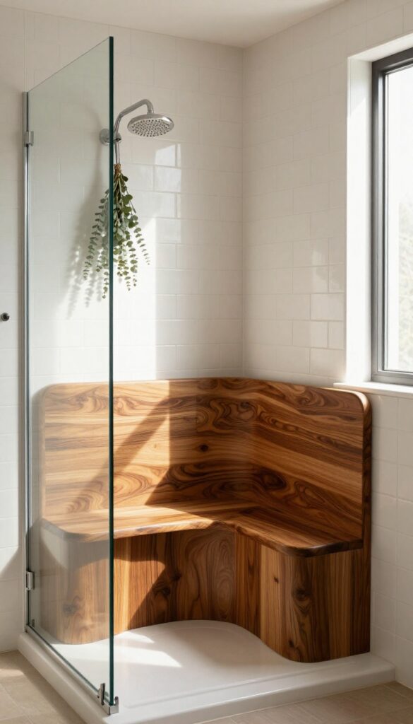 Curved wooden shower seat with backrest in a bright walk-in shower