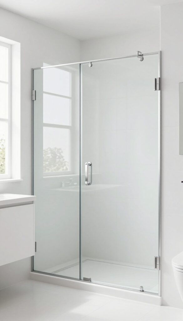 A small bathroom featuring a frameless clear glass shower door that enhances openness and showcases tile work, with bright natural lighting and clean design elements.