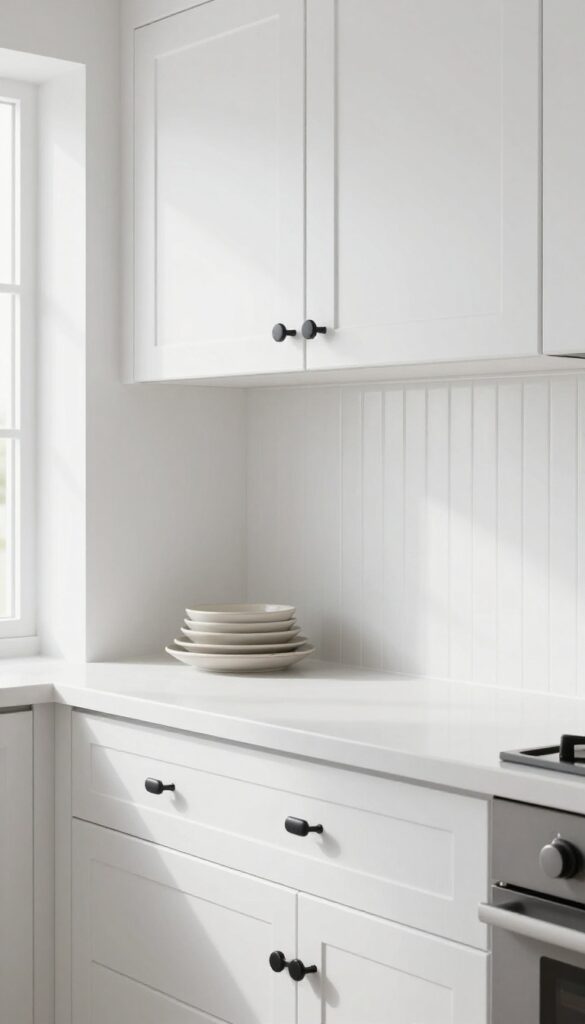 High-gloss white bead board backsplash in a bright kitchen with matte black hardware and open shelving.