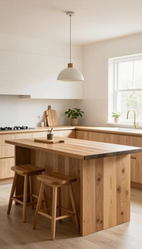 Rolling butcher block island with overhang seating and two stools in a bright kitchen