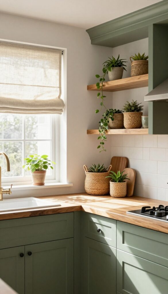 Olive green kitchen cabinets with natural linen shades and warm wood accents