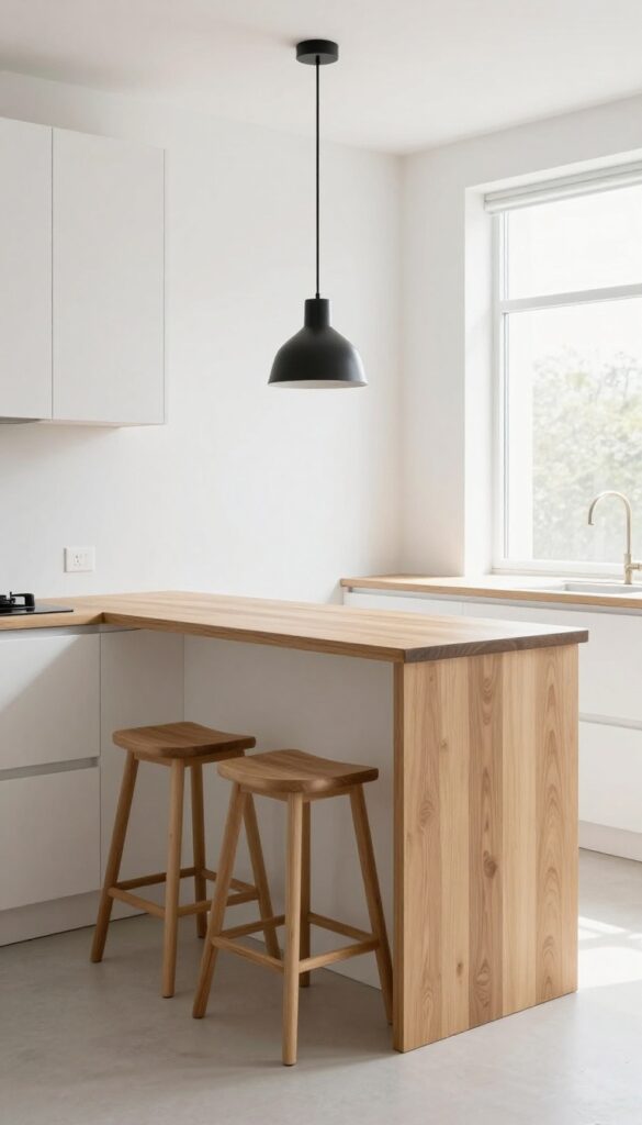 Small kitchen with bar-height table and stools tucked underneath