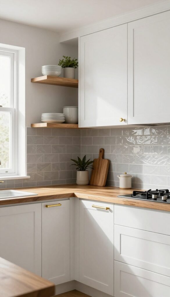 Textured gray herringbone backsplash in a bright kitchen with white cabinets and wood accents