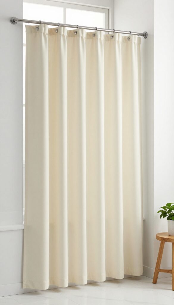 A bathroom with an extra-long, full draped shower curtain in soft folds under natural light, enhancing room height and polish.