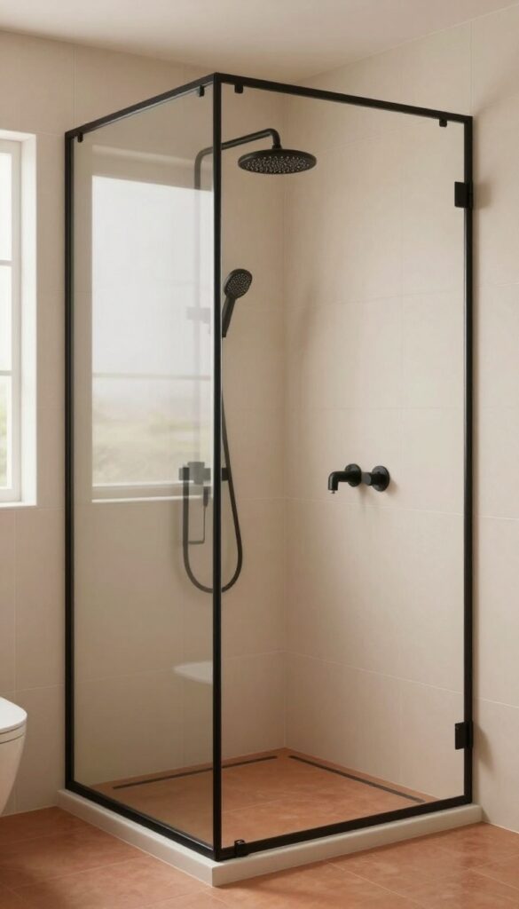 Matte black fixtures in a warm earthy shower with beige walls and terracotta floor