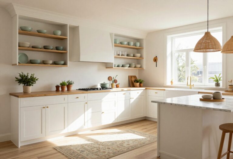 Cozy kitchen with open shelving, ceramic dishes, herb garden, and warm lighting