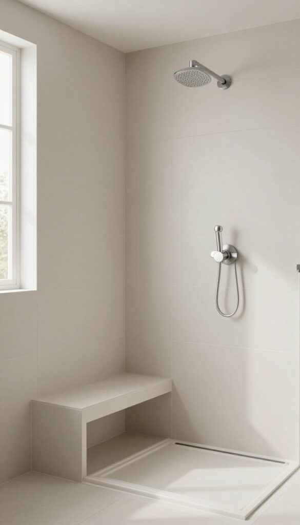Walk-in shower with built-in bench in a bright bathroom, showcasing integrated design for comfort and practicality.