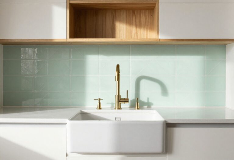 Modern Indian kitchen with open shelving, brass accents, mint tile backsplash, and farmhouse sink