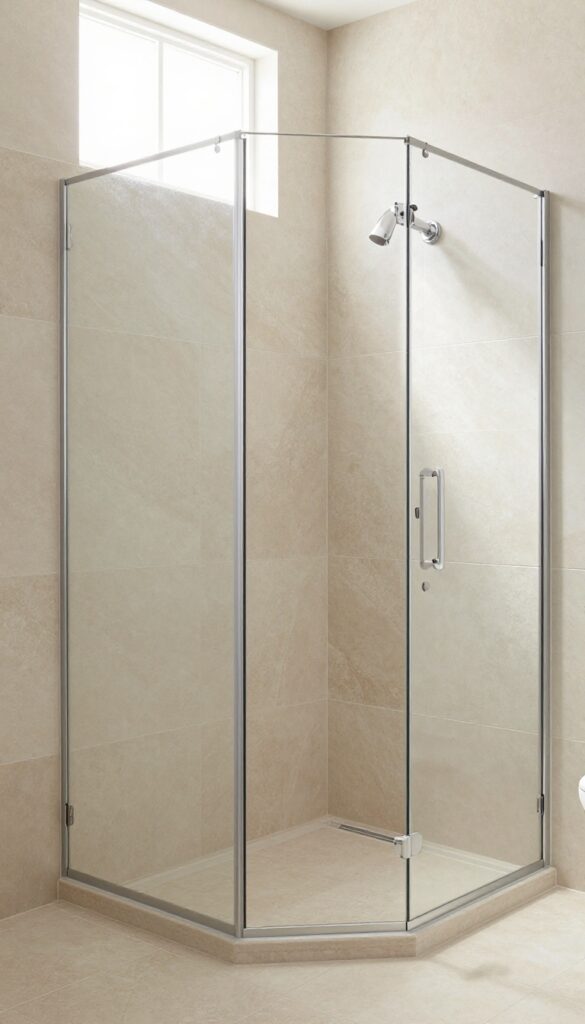 Walk-in shower with natural stone-look porcelain tile in a limestone finish, showcasing texture and warmth in a bright, clean bathroom setting.