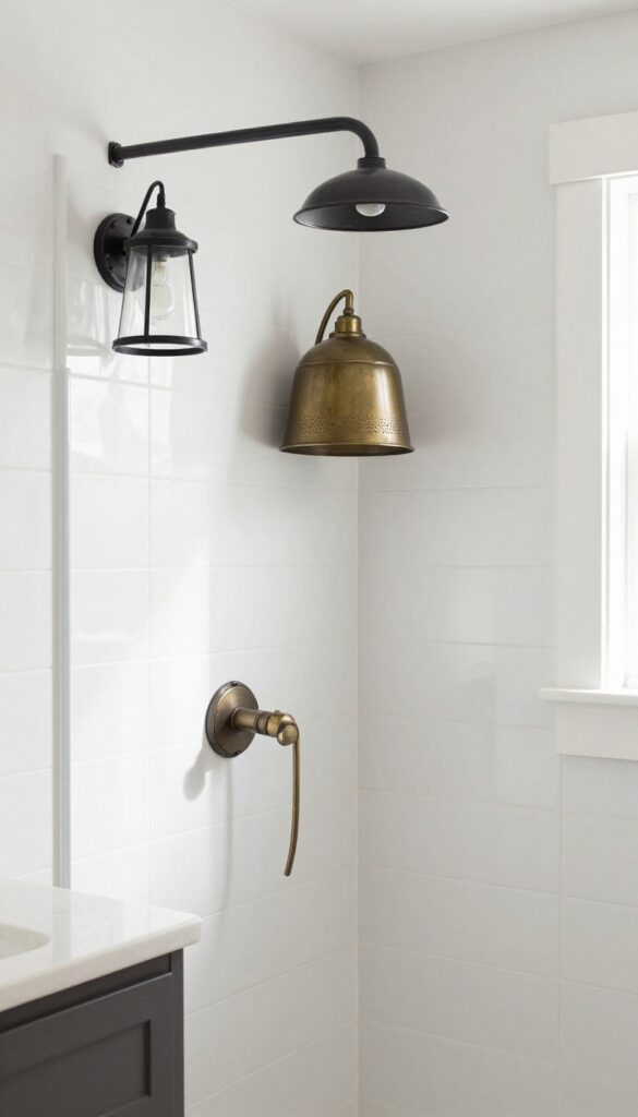Vintage-inspired lighting fixtures near a farmhouse walk-in shower zone in a bright bathroom