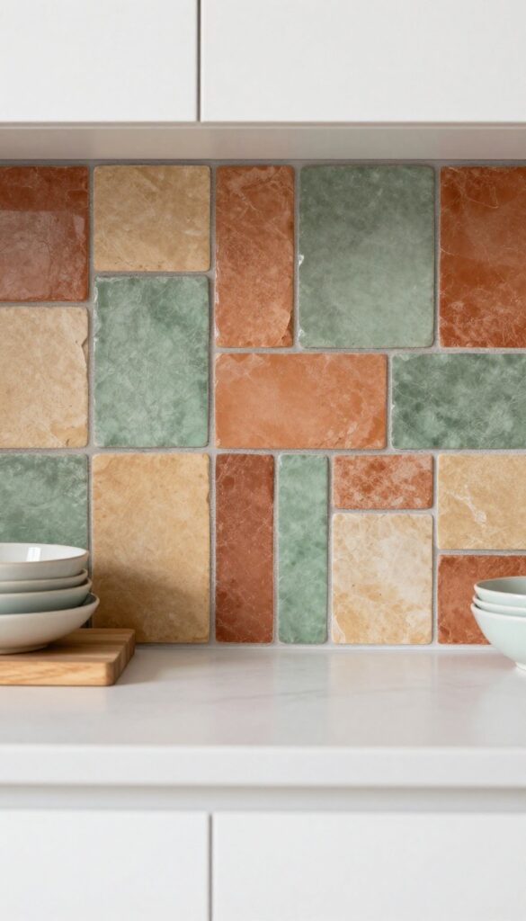 Earthy mosaic tile backsplash in terracotta, sage green, and sand tones with a white countertop and wooden shelves.