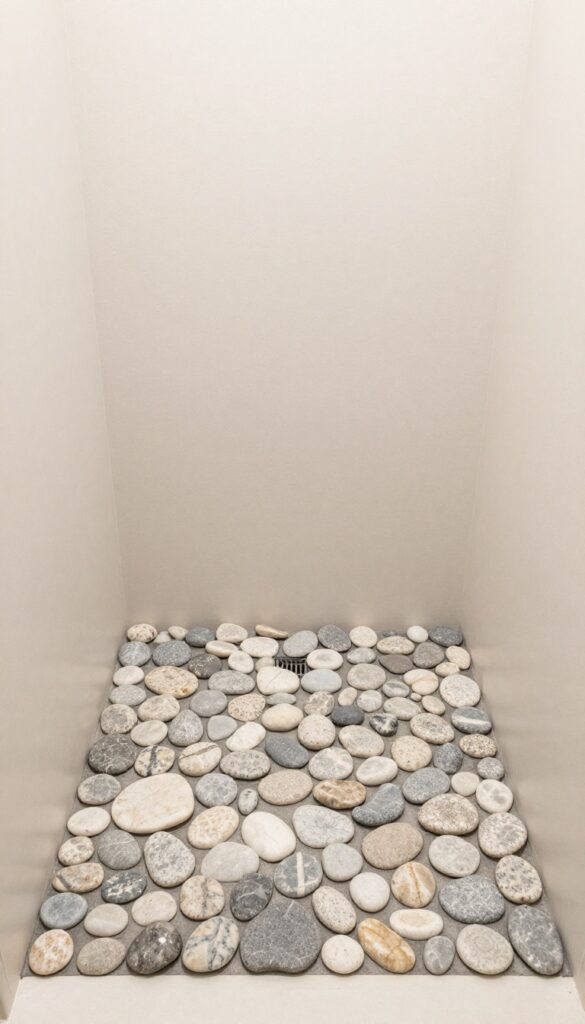 A close-up view of a pebble stone shower floor in a natural spa-inspired bathroom, showcasing smooth rounded stones with dark grout for grip and texture.