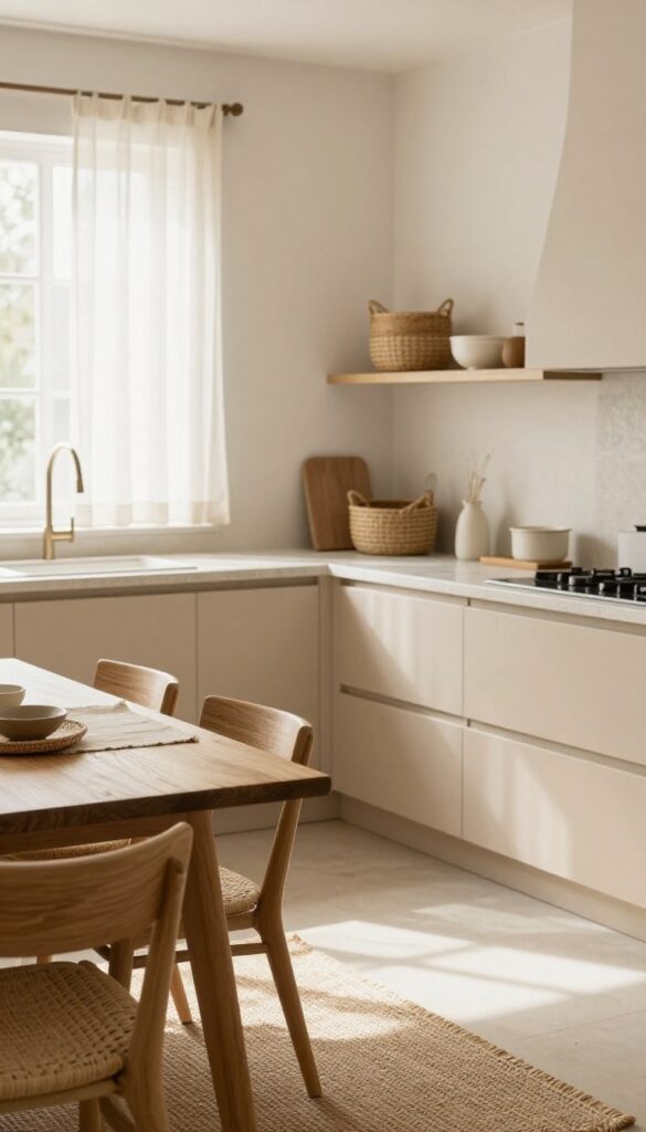 Beige kitchen with natural fiber textiles like jute rug, linen curtains, and woven baskets