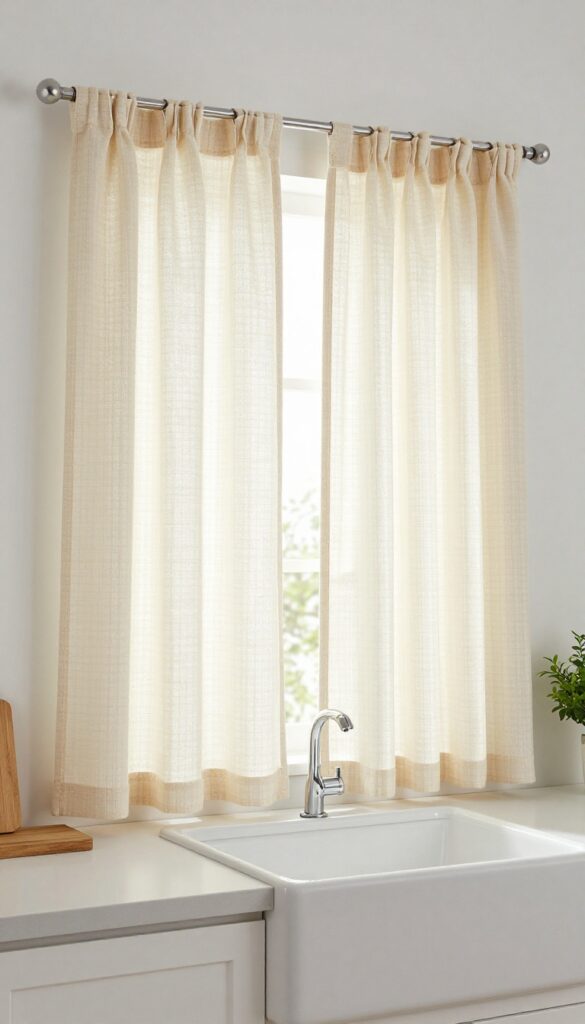Bright kitchen with farmhouse sink and classic cream gingham cafe curtains on lower half of window, allowing natural light and outdoor view