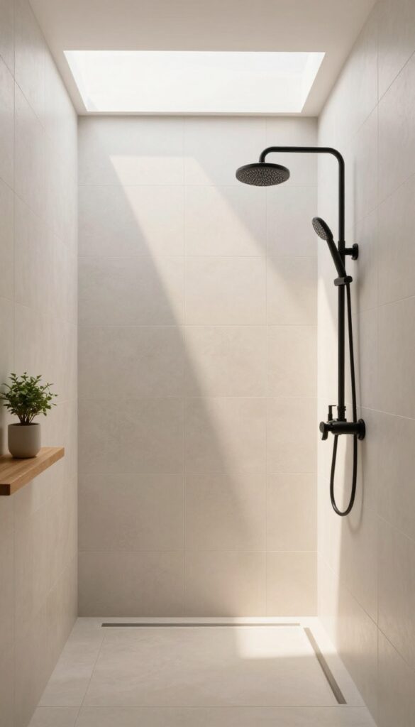Textured tile walls in a standing shower bathroom with natural light, simple fixtures, and plants for visual interest.