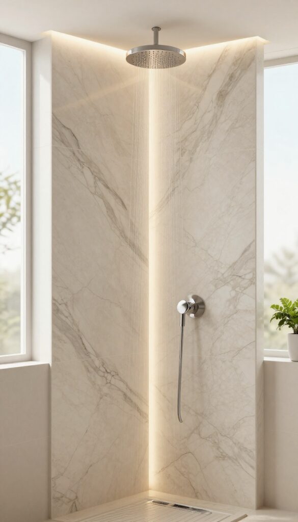 A bathroom shower with a glowing onyx feature wall, neutral tiles, and a rain showerhead