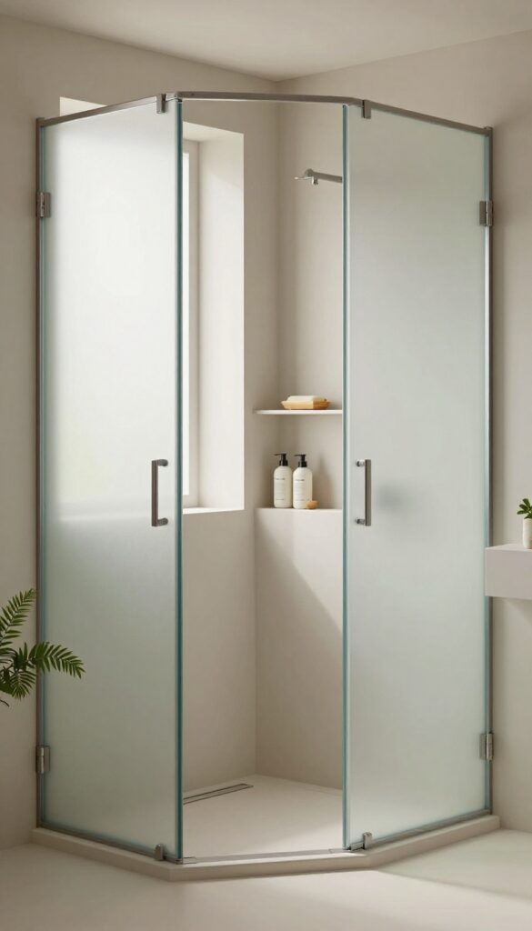 Frosted glass shower door with built-in storage niches in a modern bathroom, showing organized toiletries and natural light.