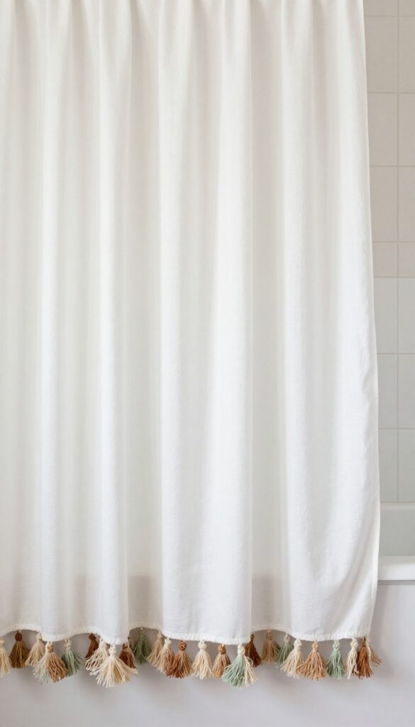 A boho-inspired shower curtain with tassel details in earthy tones, hanging in a bright bathroom with natural light and clean composition.