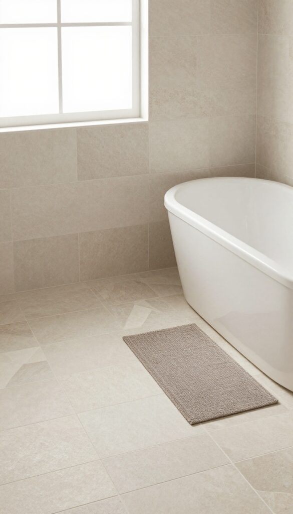 A bright, clean bathroom with a white bathtub and shower combo, featuring soft stone-toned geometric floor tiles and a contrasting bath mat to ground the space visually.