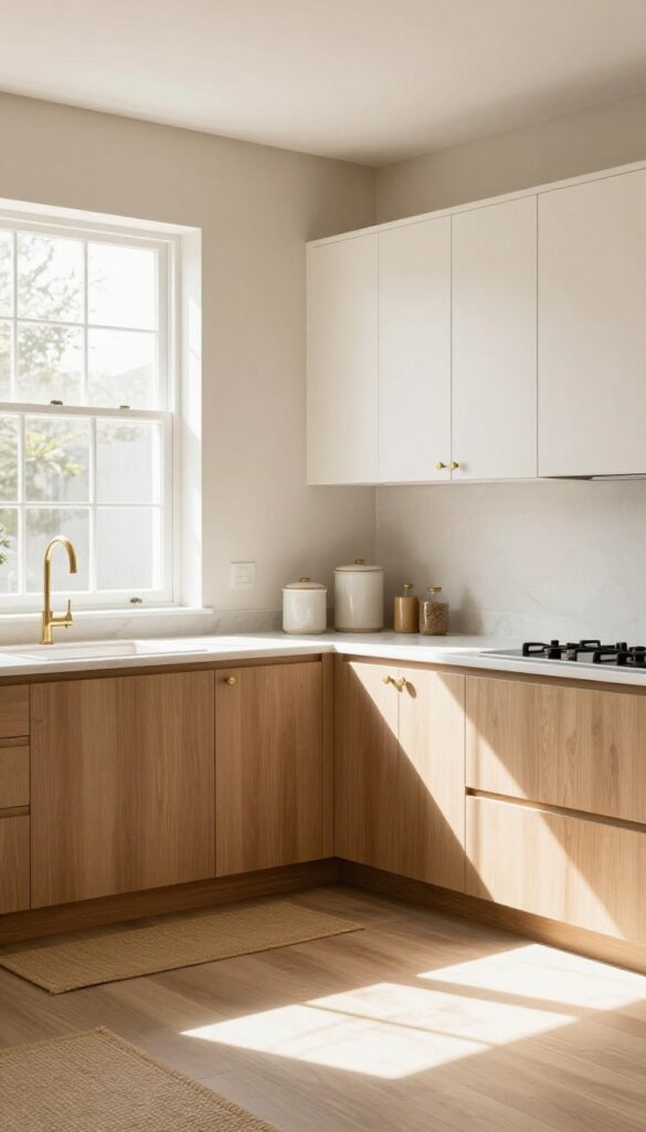Cozy kitchen with soft taupe walls, white and wood cabinets, brass details, and natural light.