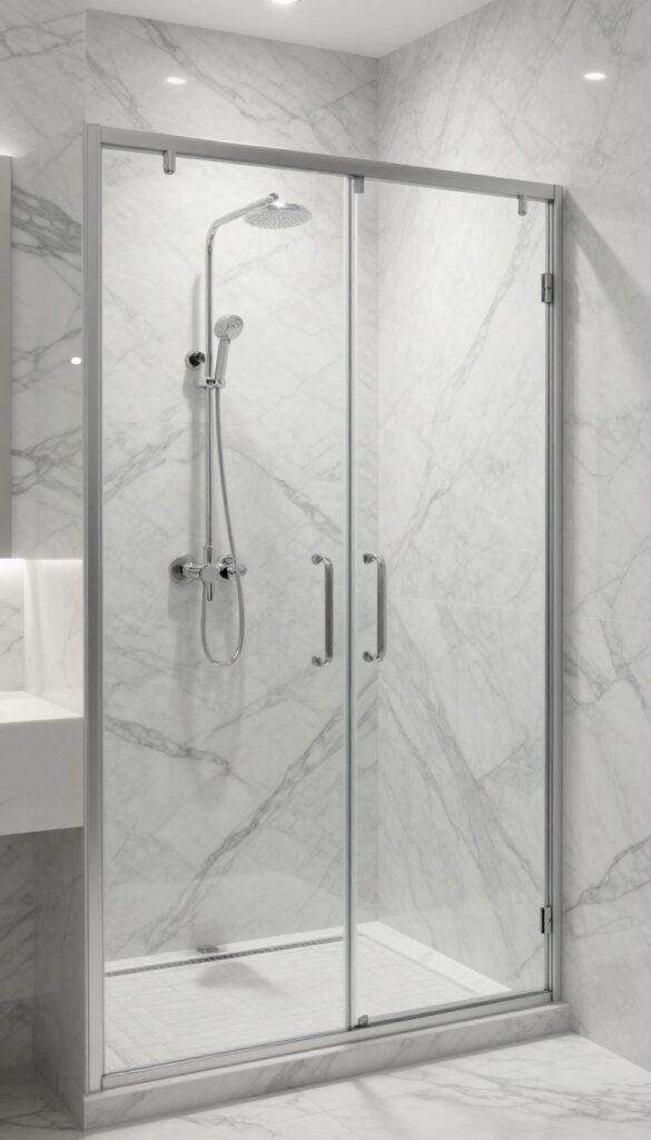A luxurious walk-in shower showcasing blended marble types for visual depth, with Carrara and Statuario marbles creating a rich, layered look in natural light