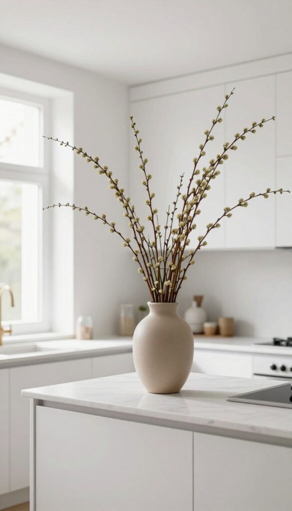 Kitchen island centerpiece with one large vase of seasonal branches