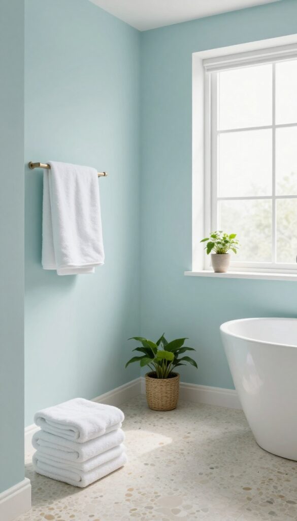 A serene bathroom shower with light pebble flooring and pastel walls, showcasing a soft and airy design ideal for relaxation.